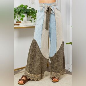 Boho Cotton Pattern Color Block Flair Pants w/Lace